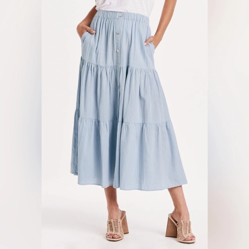 KEIRA TIERED MIDI SKIRT DUSTY BLUE by Another Love - Picture 3 of 9